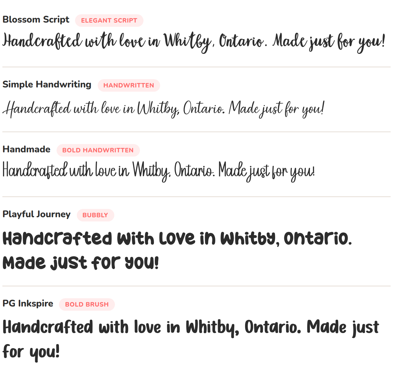 Writing samples of the five Vinyl Shop fonts: Blossom Script, Simple Handwriting, Handmade, Playful Journey and PG Inkspire